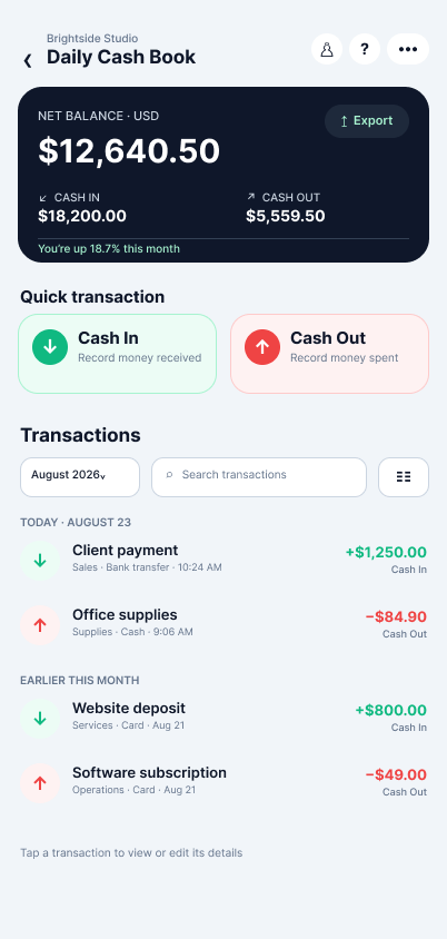 Daily Cash Book income, expenses and balance