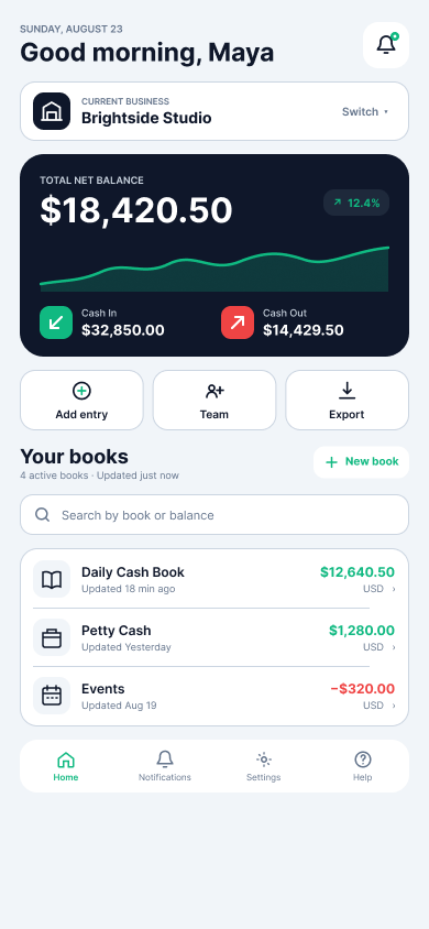 Trcka home screen with balances and cash books